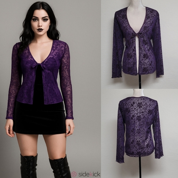 Vintage Sweaters - Goth Vintage 90s Sheer Purple Silver Metallic Floral Velvet Tie Front Cardigan L